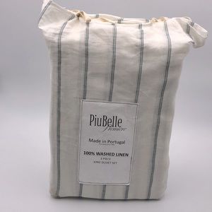 PiuBelle Ivory with Blue Stripe Linen King Duvet Cover 3 Piece Set